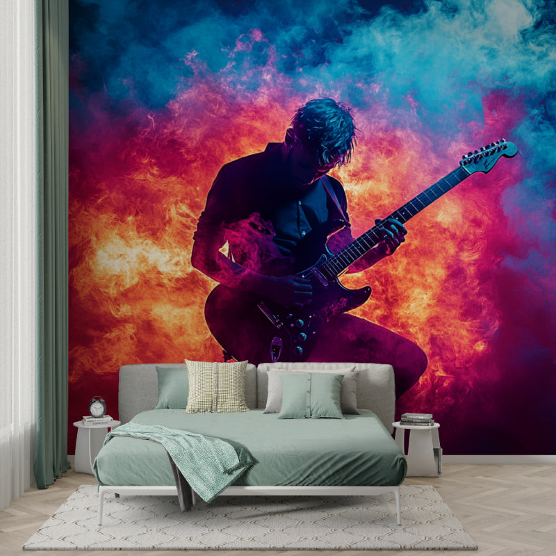 Rock music wallpaper creating atmosphere in teen bedroom space