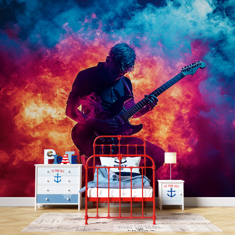 Guitar mural wallpaper installation in home music studio