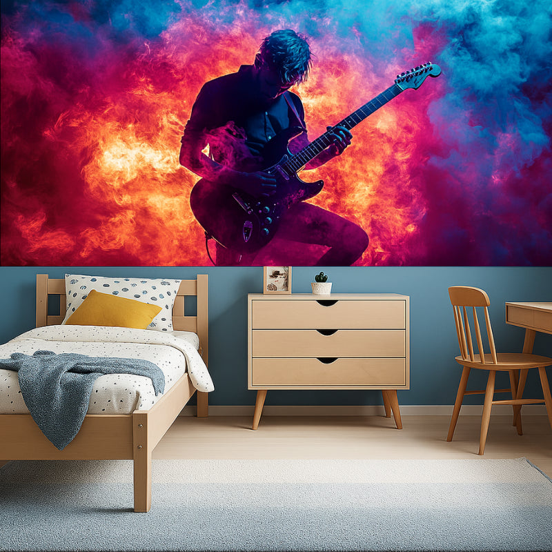 Rock guitar wallpaper design adding energy to entertainment room