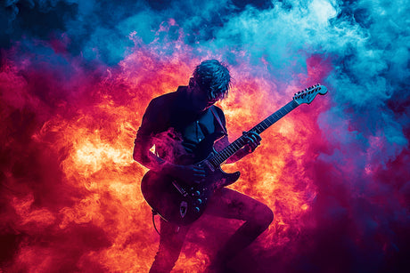 Guitar performance in fire design file showing detailed flame effects and color transitions