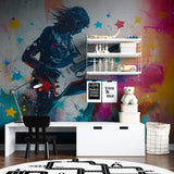 Rock music wallpaper creating energy in modern living room with guitar silhouette and vibrant colors