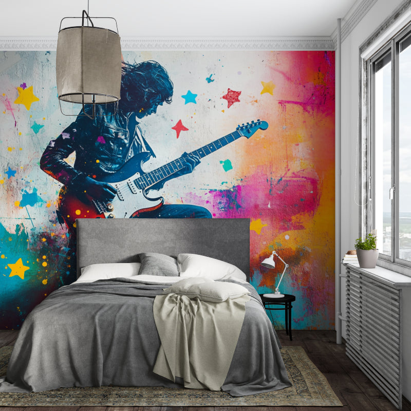 Teen bedroom transformed with music wall mural featuring dynamic guitar design