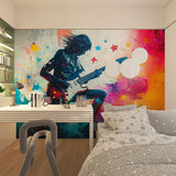 Music room showcase with rock guitar wallpaper in striking color composition