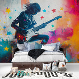 Home studio space with musical wall mural creating inspiring atmosphere