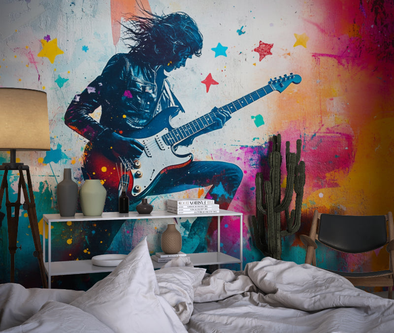 Entertainment area featuring guitar wall mural with colorful star effects