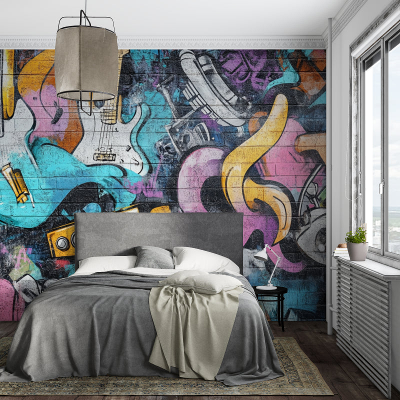 Music graffiti wallpaper bringing urban style to a modern teen bedroom with electric guitars and vibrant colors