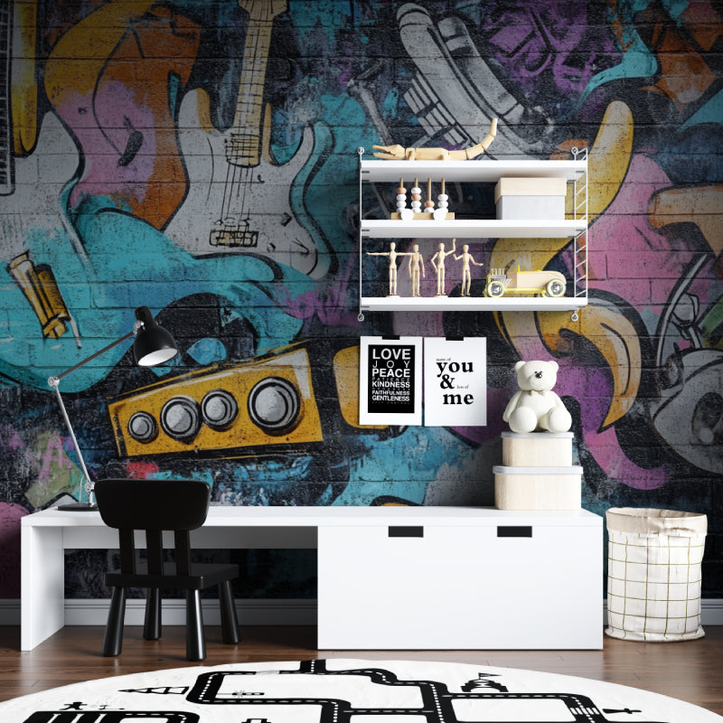 Street art music wallpaper transforming a recording studio with dynamic graffiti instruments