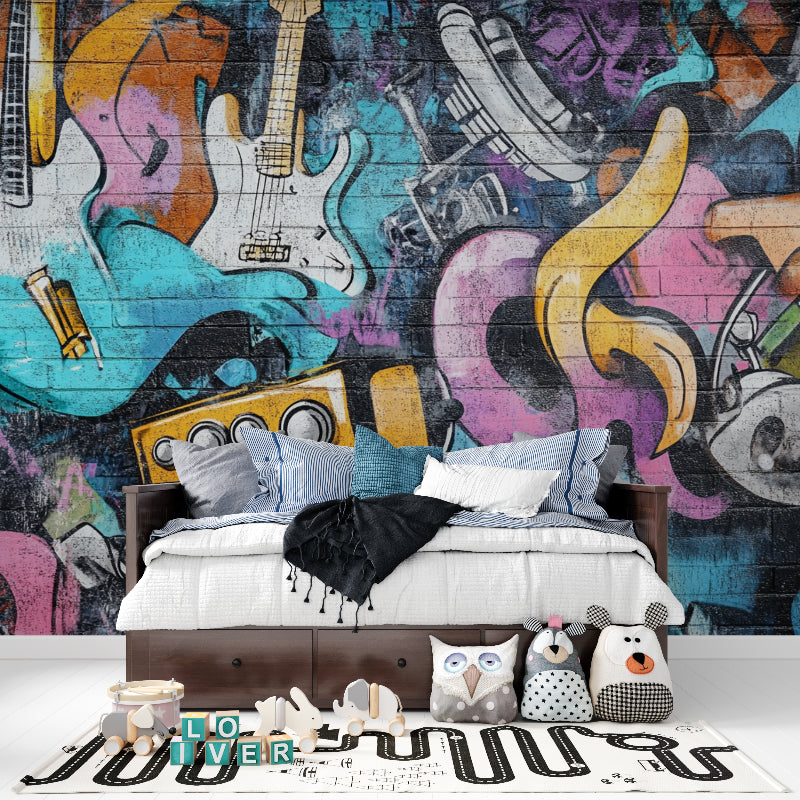 Urban graffiti music mural creating atmosphere in a creative workspace