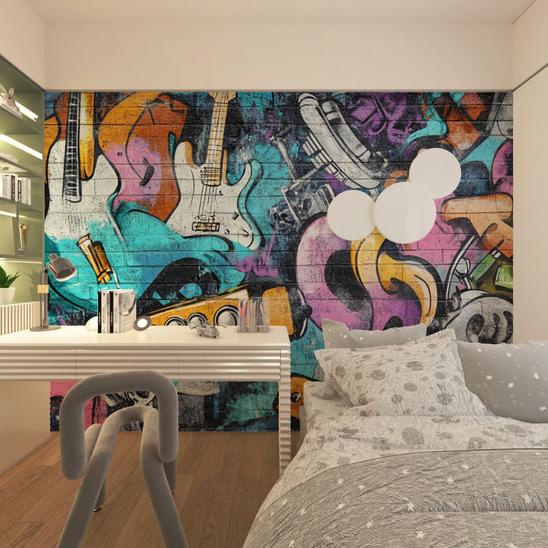 Music wall mural adding street style to a basement hangout room