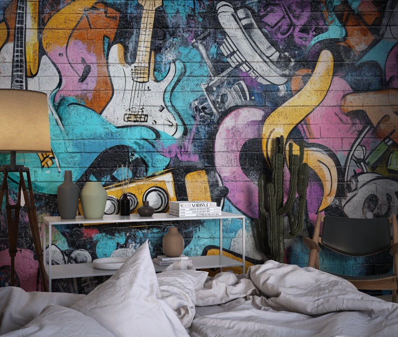 Graffiti music design brightening up a modern living room wall