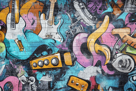 Design file showing detailed urban graffiti pattern with musical instruments and street art elements