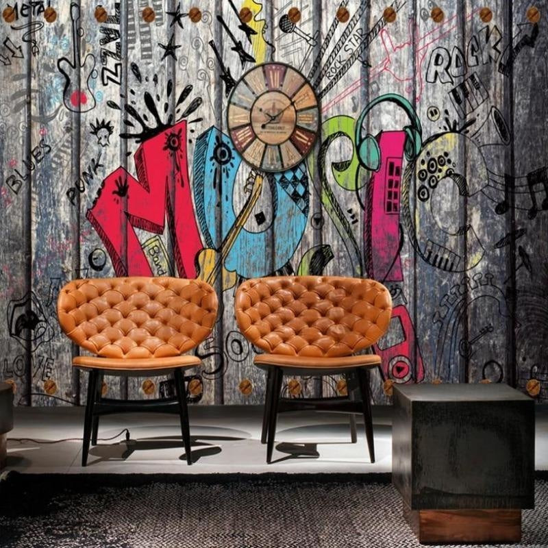 Street art music wallpaper creating atmosphere in a hip coffee shop lounge area