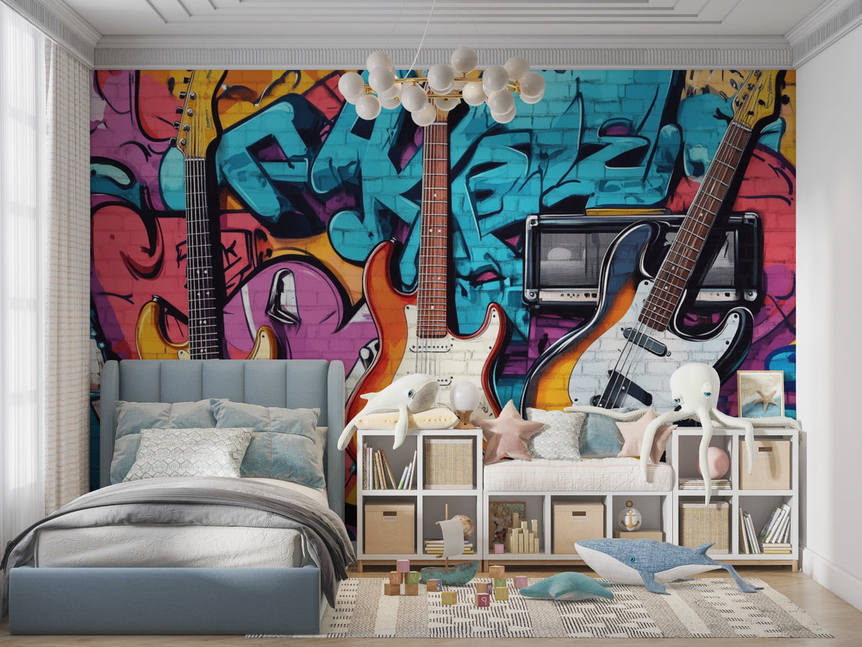 Street art music wallpaper transforming a living room wall with bold guitar design