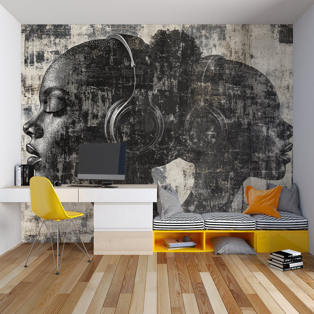 Music themed wallpaper with headphones design styled in modern living room with black furniture