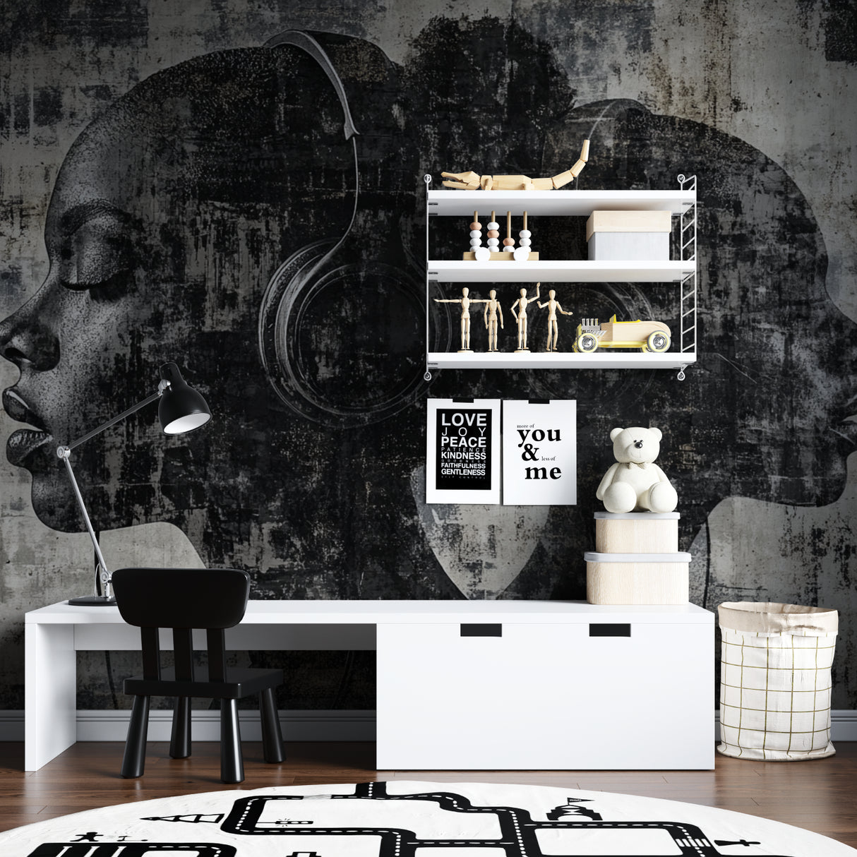 Urban headphones wall mural creating focal point in teen bedroom with gaming setup