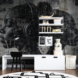 Urban headphones wall mural creating focal point in teen bedroom with gaming setup