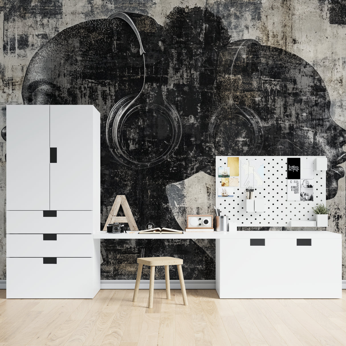 Black and white music wallpaper installation in home recording studio space