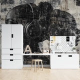 Black and white music wallpaper installation in home recording studio space