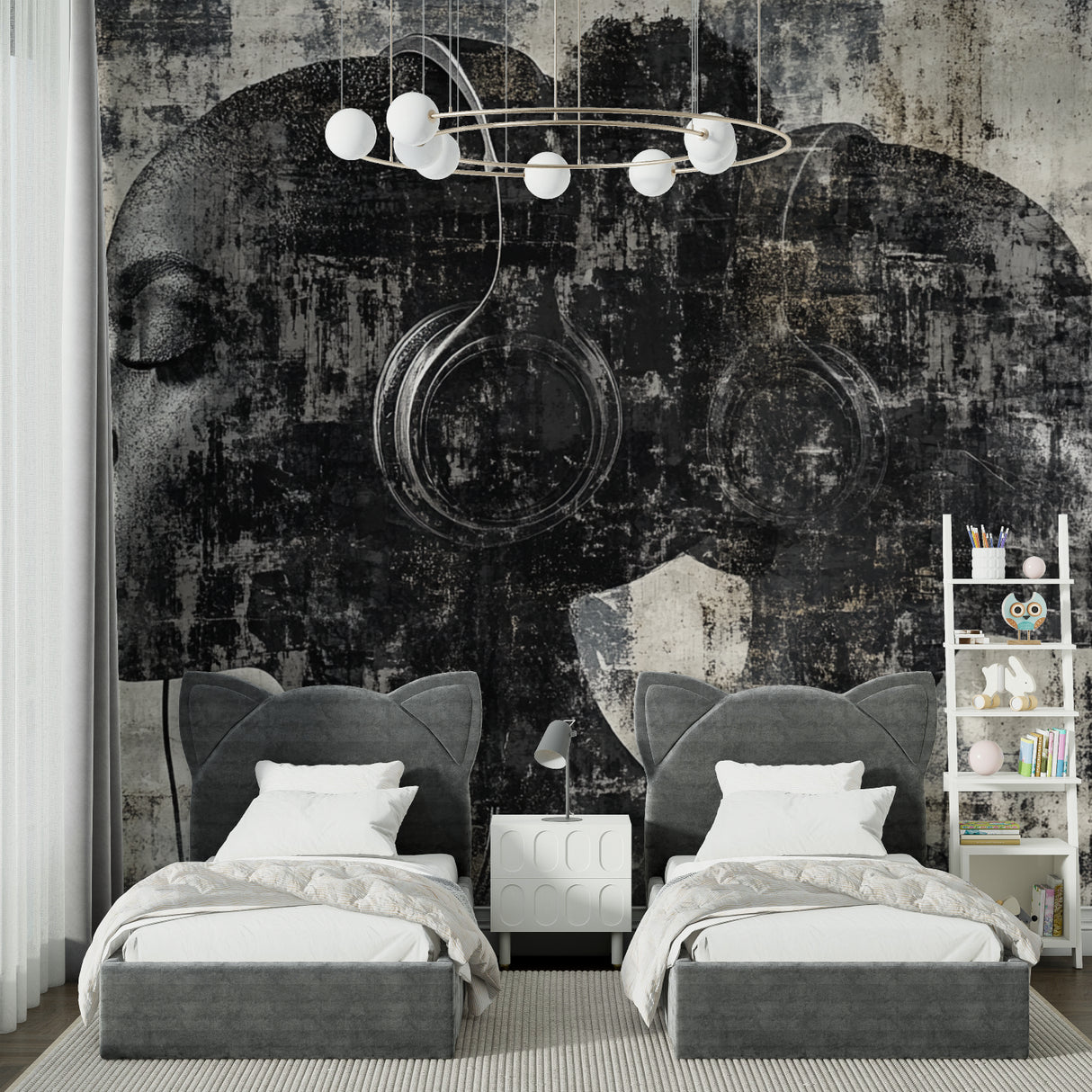 Modern headphones wall art transforming urban style coffee shop interior