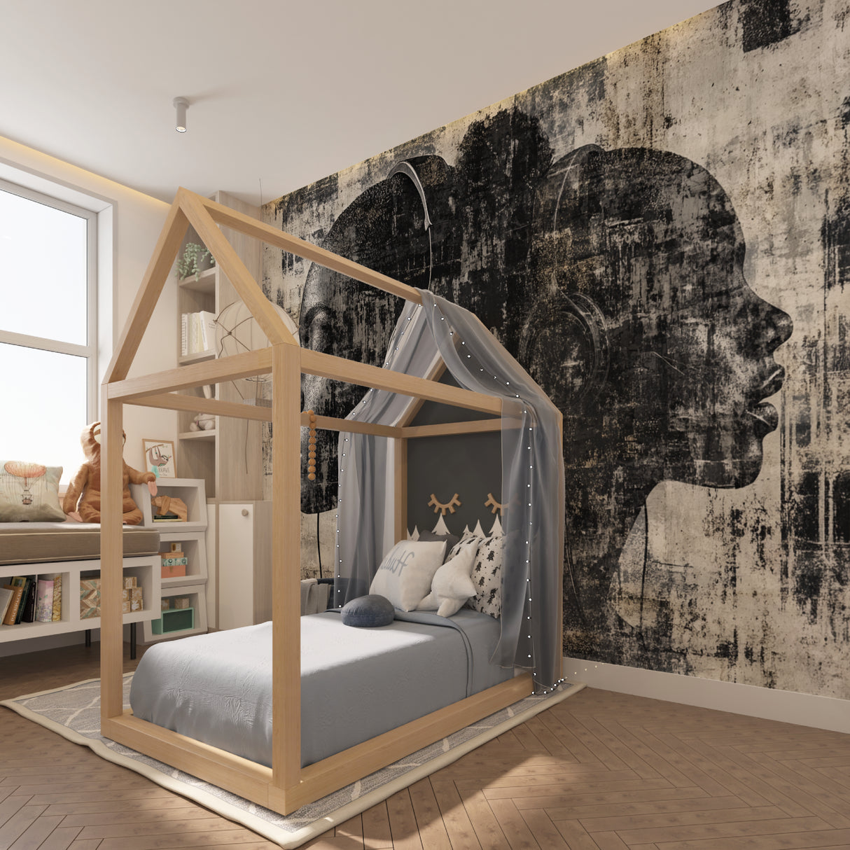 Street style music mural making statement in minimalist home office setup