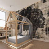 Street style music mural making statement in minimalist home office setup