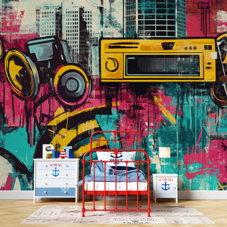 Music themed street art wallpaper bringing urban style to a modern living room with retro radio design