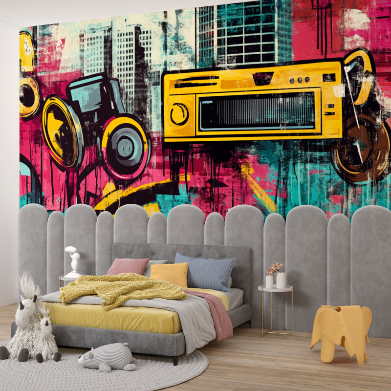 Street art mural wallpaper showcased in a teen bedroom with graffiti and music elements