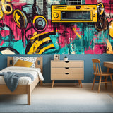 Urban graffiti wallpaper installed in a music studio featuring vintage radio artwork