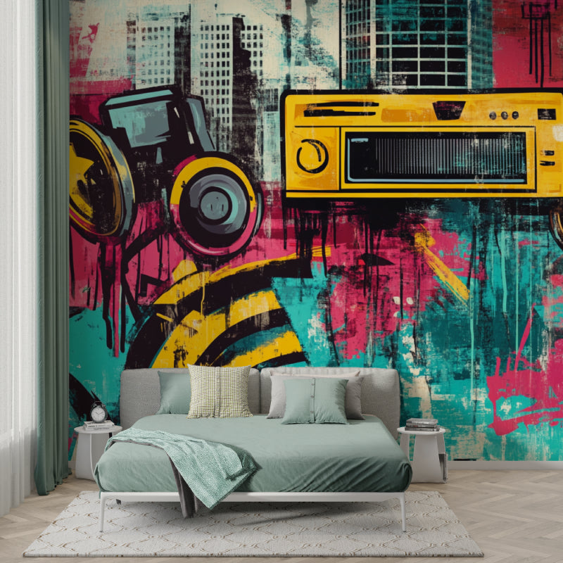 Graffiti style music wallpaper bringing life to a gaming room with street art elements