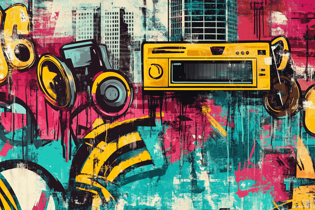 Design file of retro radio street art wallpaper pattern with urban graffiti elements
