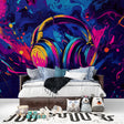 Music wall mural with colorful headphones design brings life to modern living room
