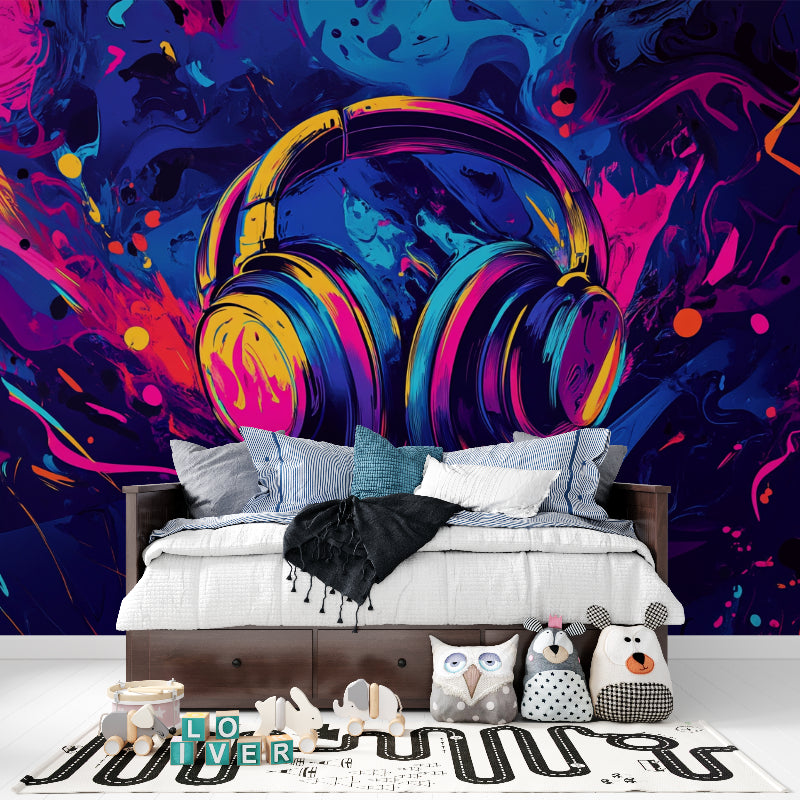 Music wall mural with colorful headphones design brings life to modern living room