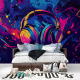Music wall mural with colorful headphones design brings life to modern living room