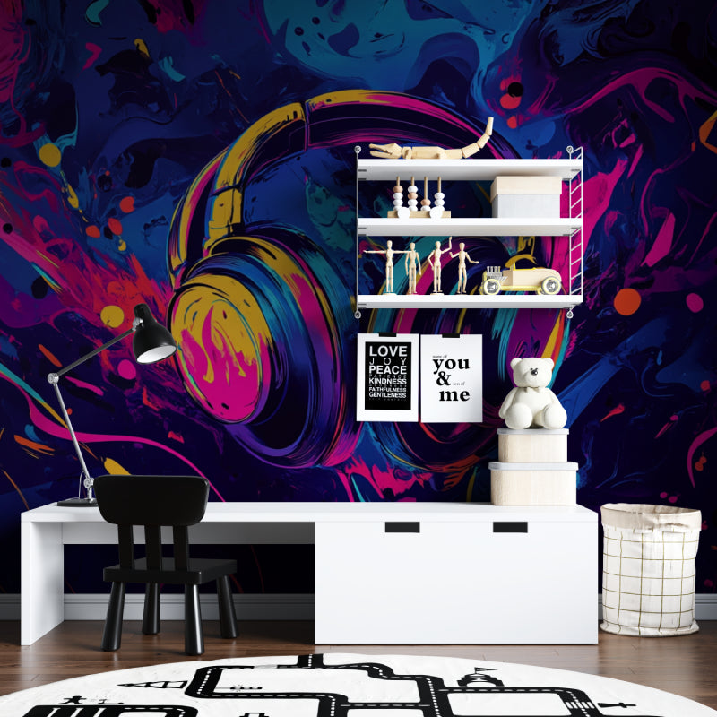 Music themed street art wallpaper transforming office space