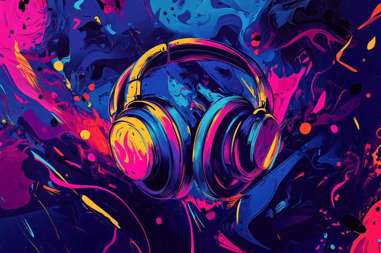 Design file of street art headphones pattern with vibrant color splashes