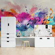 Musical notes wallpaper bringing life to a modern living room with white furniture