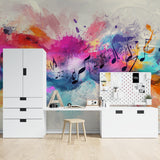 Musical notes wallpaper bringing life to a modern living room with white furniture