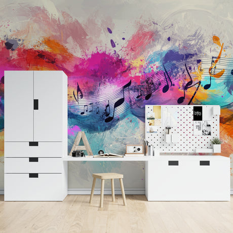 Musical notes wallpaper bringing life to a modern living room with white furniture
