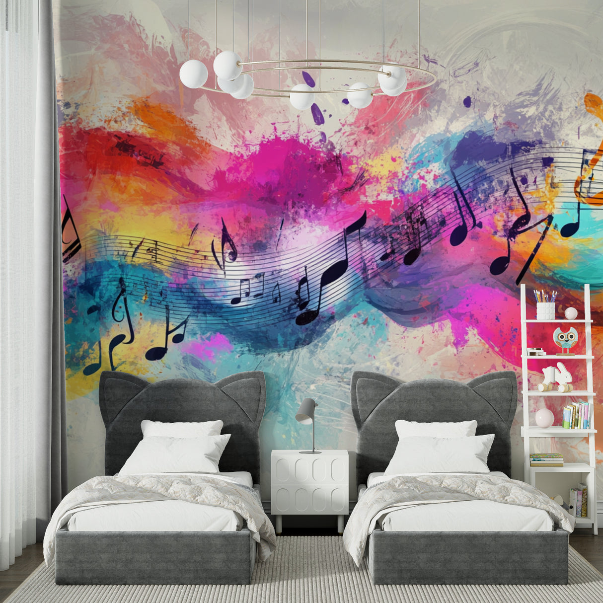 Teen bedroom showcasing vibrant music note wall mural above study desk