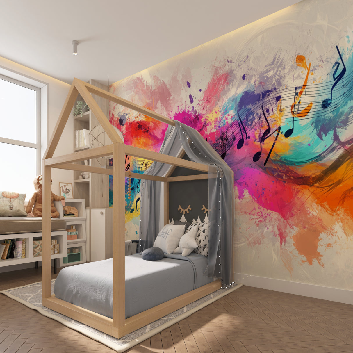 Music studio wall decorated with colorful watercolor music notes mural
