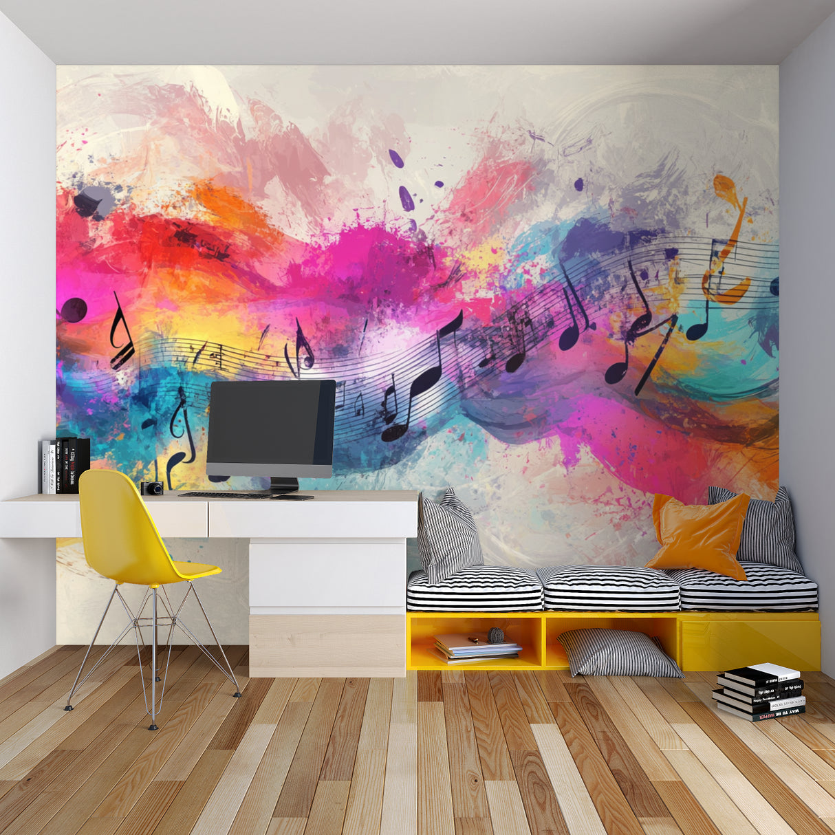 Home office featuring musical notes wall mural in bright watercolor design