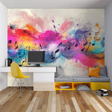 Home office featuring musical notes wall mural in bright watercolor design