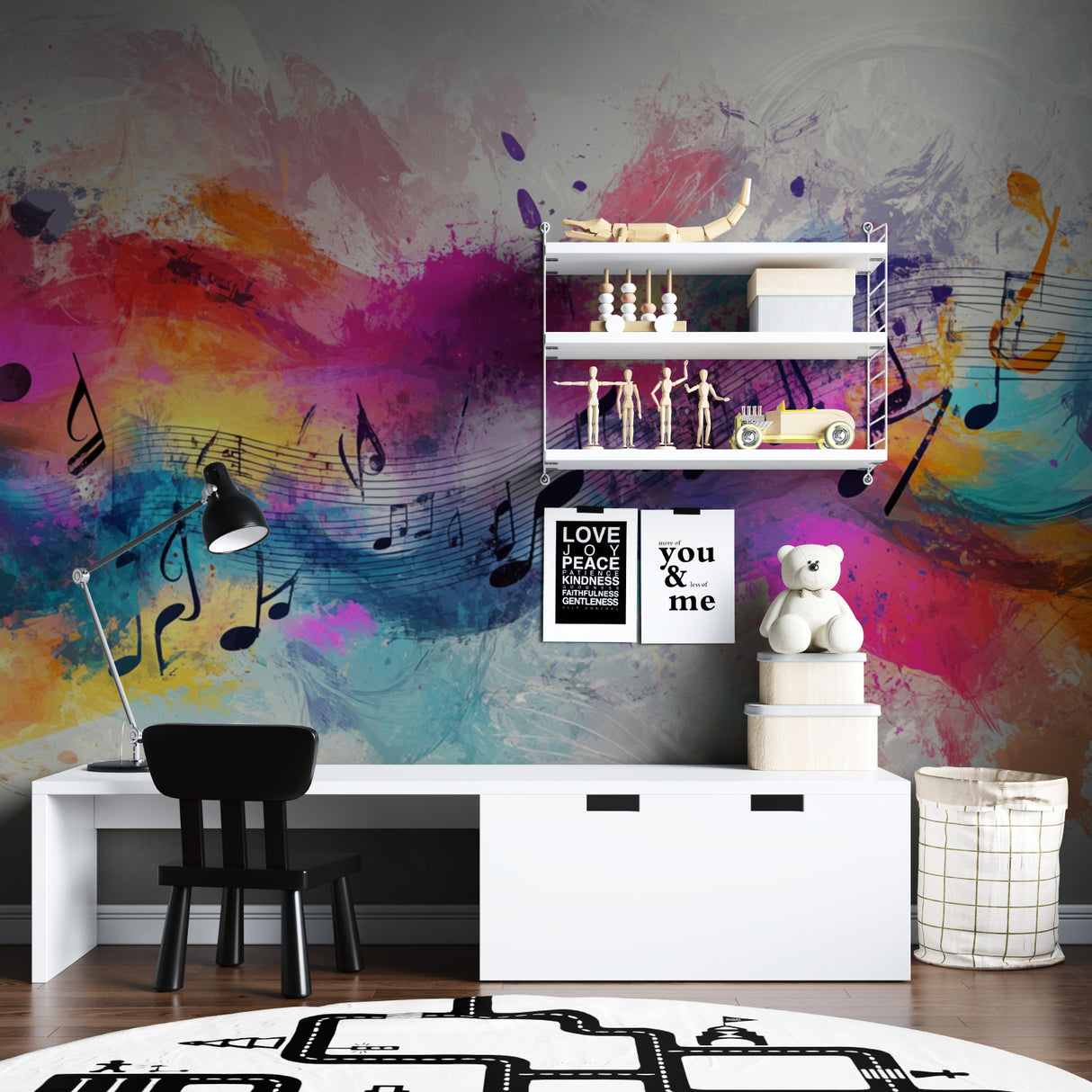 Creative space with musical wallpaper showing floating notes and color splashes