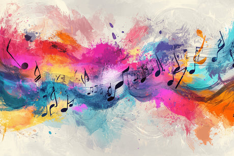 Musical notes wallpaper design file showing vibrant watercolor pattern and flowing notes