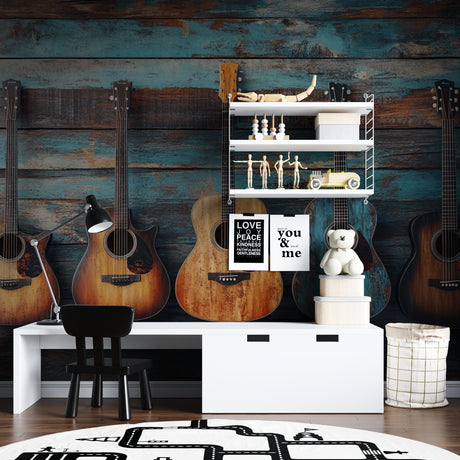 Music room with Vintage Guitar wallpaper creating warm atmosphere, acoustic instruments on blue wood background