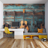 Home studio featuring Guitar wall mural, modern furniture against vintage acoustic design