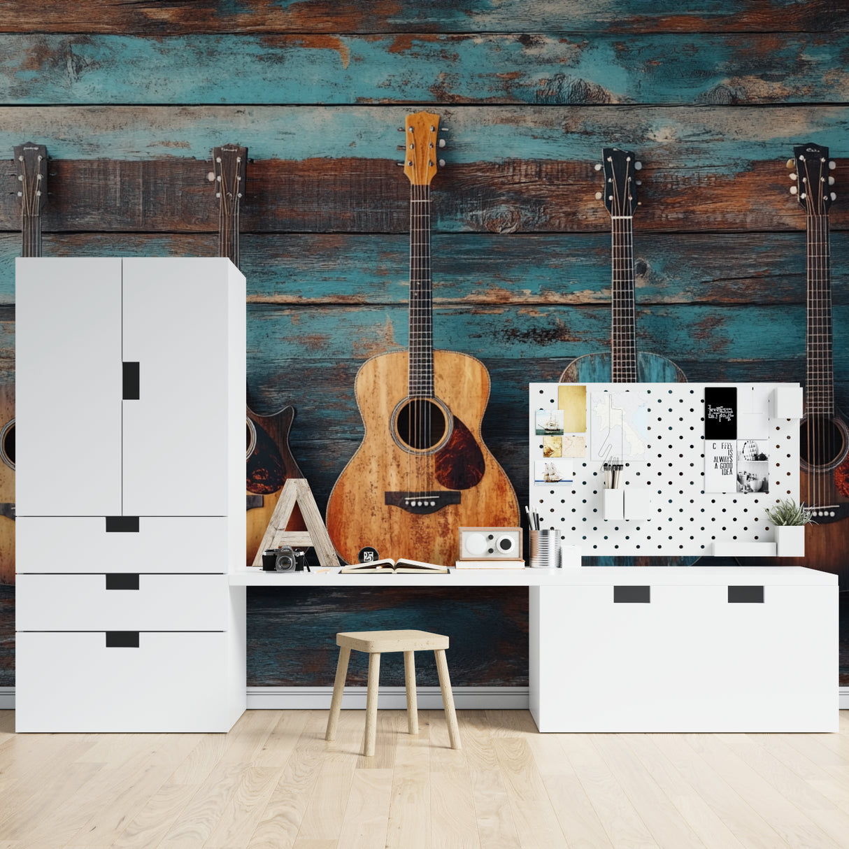 Living room with Guitar wallpaper making statement wall, cozy seating arrangement