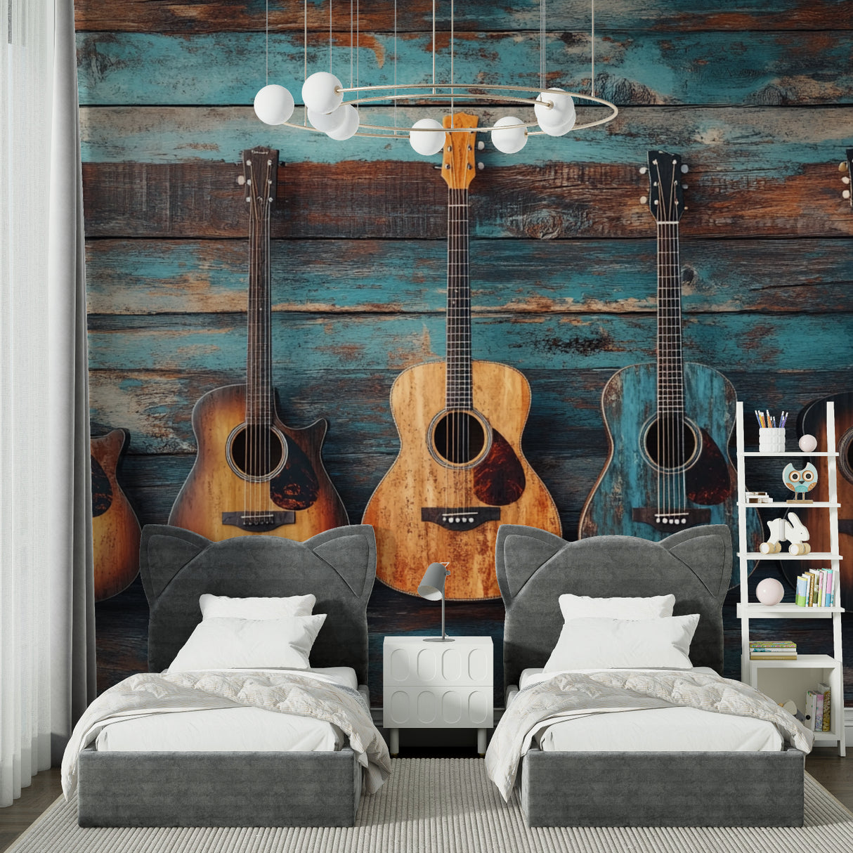 Office space with Music themed wallpaper, professional setting with artistic touch