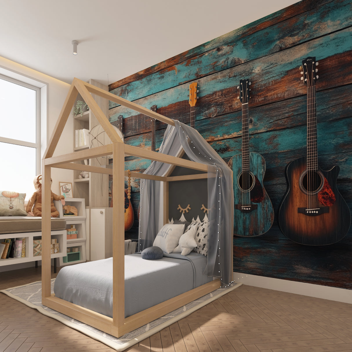 Restaurant wall decorated with Acoustic guitar mural, creating rustic ambiance