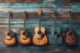 Vintage Guitar wallpaper design file showing detailed acoustic instruments on weathered blue wood pattern